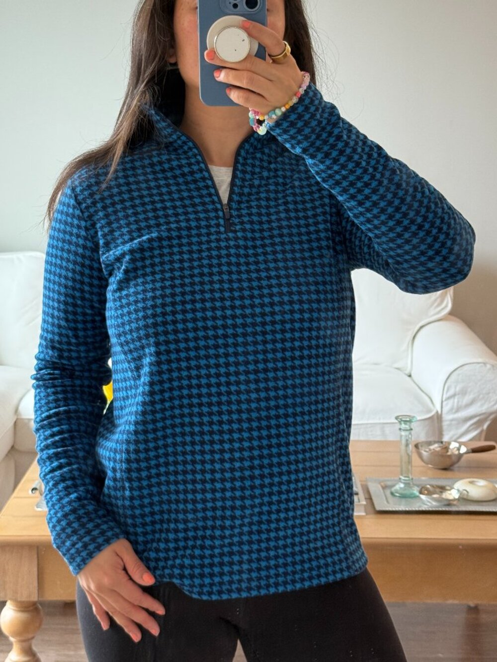 Land's End Y2K Colorful 1/4 Zip Fleece in Black/Teal Houndstooth - Size S 6/8